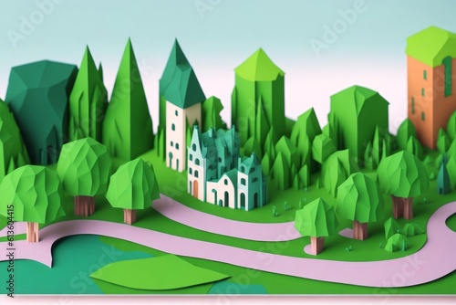 3d illustration of green city with trees and road in the middle. Paper origami landscape. AI generated
