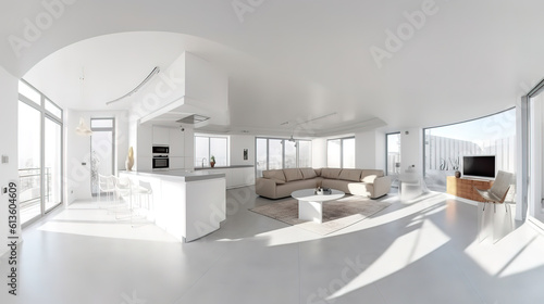 Modern weiss apartment interior panorama, Bright color. Generative Ai © hassanmim2021