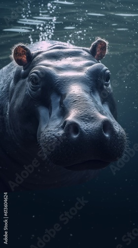 Hippopotamus swims gracefully in the river water. Generative AI