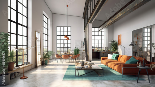 Panorama of loft apartment interior  living room 3d rendering  Bright color. Generative Ai