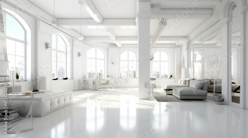 White apartment panorama interior 3d render  Bright color. Generative Ai