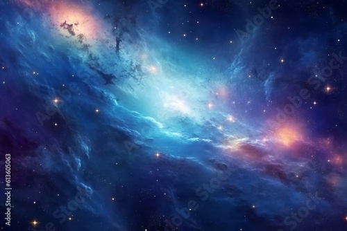 Space background with stardust and shining stars. Realistic colorful cosmos with nebula and milky way. Blue galaxy background. Beautiful outer space. Infinite universe Generative AI