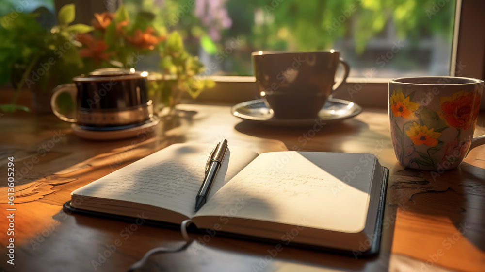 Book and a cup of hot coffee on the table against a window overlooking the morning sun.Created with Generative AI technology. Book and a cup of hot coffee on the table against a window overlooking the morning sun.Created with Generative AI technology.