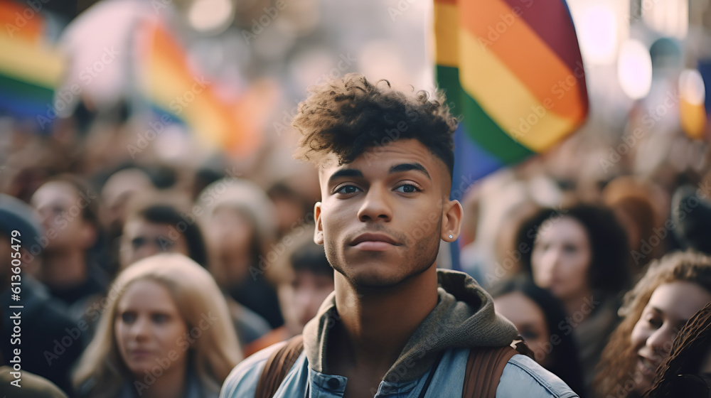Young man on the LGBT parade.Created with Generative AI technology. Young man on the LGBT parade.Created with Generative AI technology.