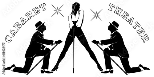 Cabaret Dancers Silhouettes. Woman and two men with canes. Vector cliparts isolated on white.