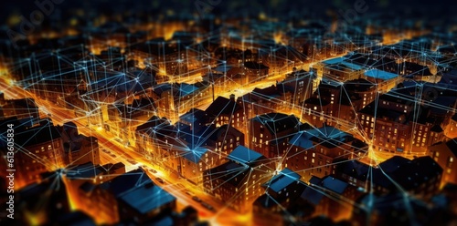 three-dimensional cityscape, with intricate lines drawn around buildings, showcasing the dynamic energy of urban life