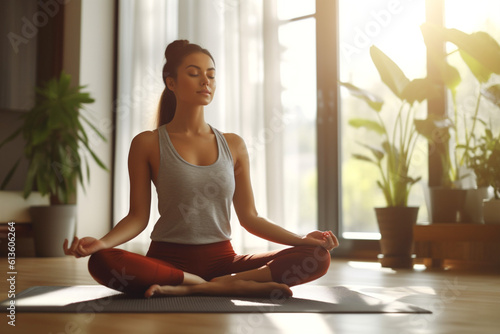 Healthy serene young woman meditating at home with eyes closed, relaxing body and mind sitting on floor in living room. Mental health and meditation for no stress. Generative Ai content.