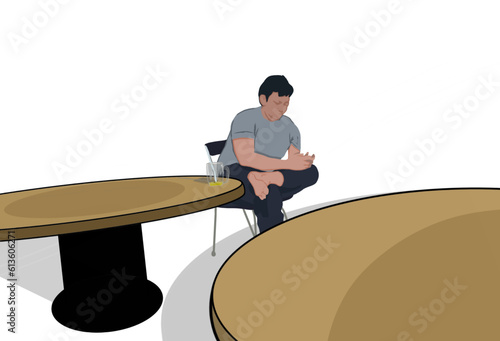 a man who was sitting relaxed, with a glass of drink at a round table