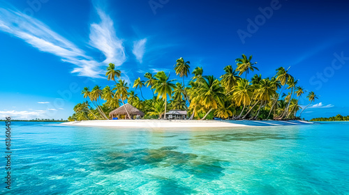 paradise tropical island with sandy beach and palm trees in the blue sea, banner, made with Generative AI