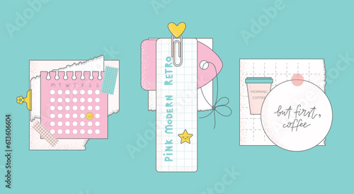 Cute vector memo template with paper notes, tapes, clips, bookmark. Can use for scrapbooking, notebook, planner