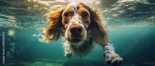 Dog swims gracefully underwater. Generative AI