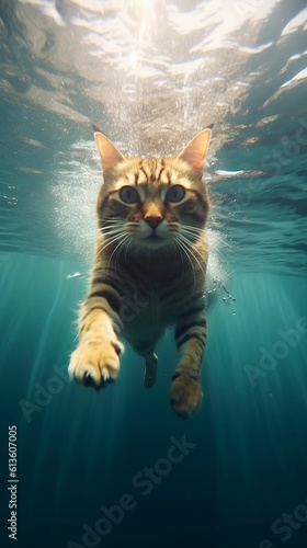 Cat swims gracefully underwater. Generative AI
