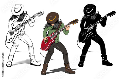 Rock Guitarist Character. Girl in hat playing electric guitar. Outline, Color and Silhouette cliparts isolated on white.