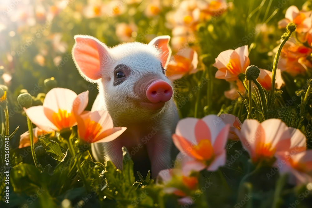 Cute little piglet with flowers in the meadow on sunset. Generative AI. Cute little piglet with flowers in the meadow on sunset. Generative AI.