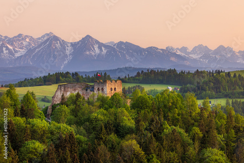 Fototapeta Naklejka Na Ścianę i Meble -  The ruins of Czorsztyn Castle, southernmost part of Poland in Czorsztyn, at Czorsztyn Lake with Pieniny National Park Mountans on background. 
