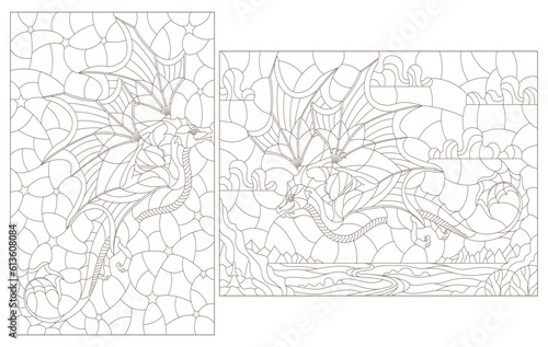 A set of contour illustrations in the style of stained glass with dragons, dark contours on a white background