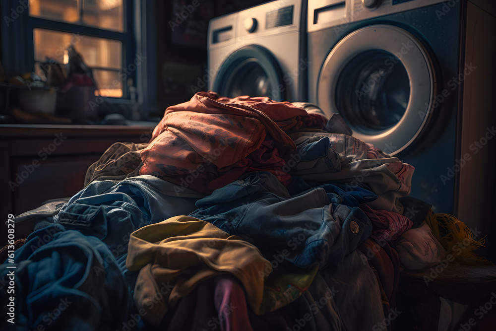 Obraz premium A huge pile of clothes and dirty laundry in the bathroom near the washing machines. Generative AI