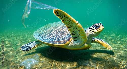 sea ​​turtle with plastic bags on its flipper