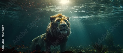 Lion swims gracefully underwater. Generative AI