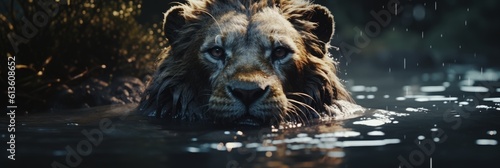 Lion swims gracefully underwater. Generative AI