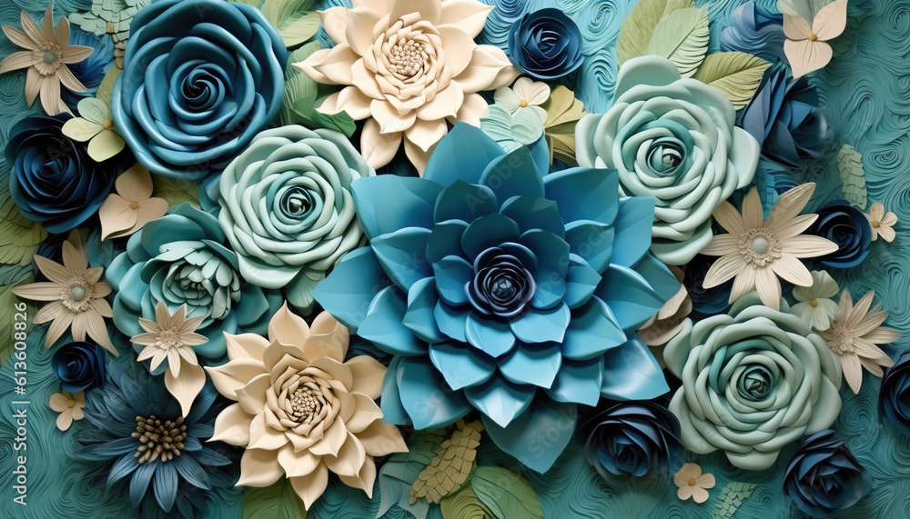 Blue and Green 3D flower papercut wallpaper, Classic home decoration, 3D paper cut background


