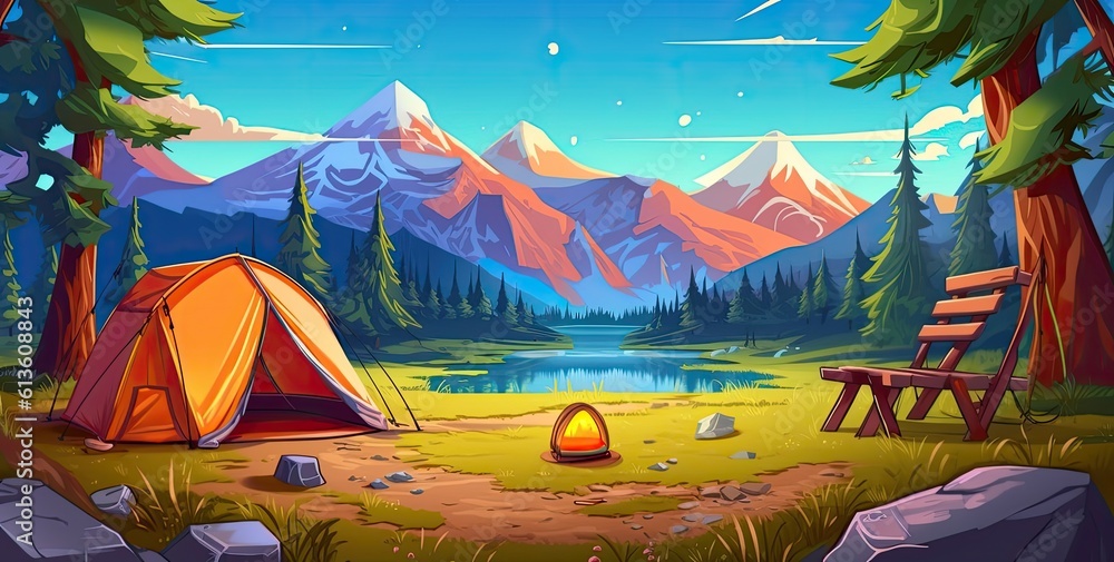 camping adventure with a delightful cartoon scene featuring all the essential camping equipment and a cozy camping set