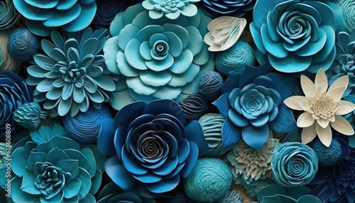 Blue and Green 3D flower papercut wallpaper, Classic home decoration, 3D paper cut background