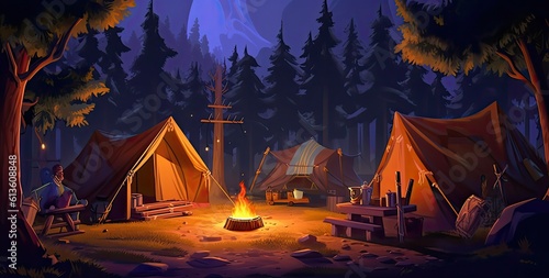 camping adventure with a delightful cartoon scene featuring all the essential camping equipment and a cozy camping set