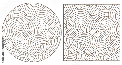 Set of contour illustrations of stained glass with abstract hearts, round and rectangular image, dark contours on a white background