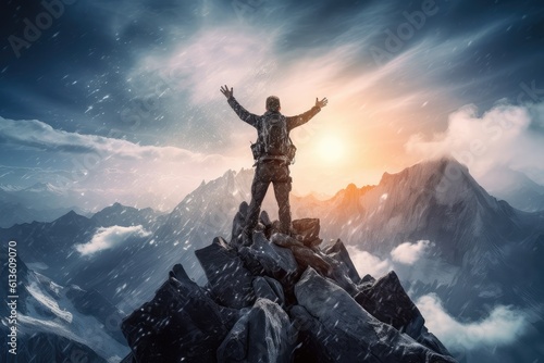 A man stands triumphantly on the mountain summit, arms raised in jubilation, embodying the exhilarating feeling of success and accomplishment