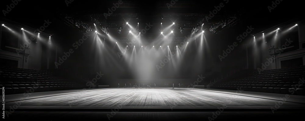 Auditorium with an empty stage bathed in the glow of spotlights, awaiting the arrival of performers