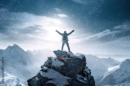Triumph on the snowy mountain's summit, celebrating the conquering of challenges amidst the breathtaking wintry landscape