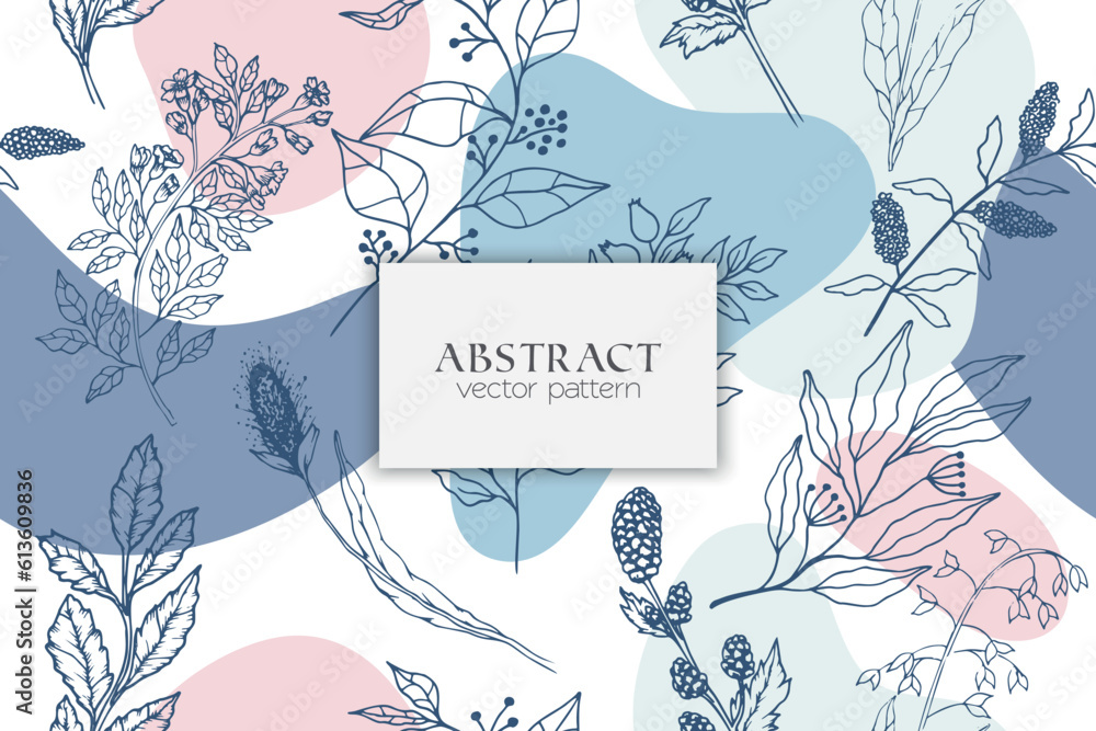 Seamless pattern with hand drawn abstract shapes and floral elements. Vector illustration. background design template