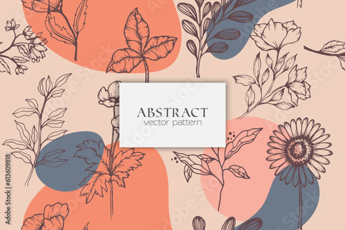 Seamless pattern with hand drawn abstract shapes and floral elements. Vector illustration. background design template