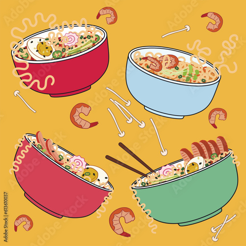 Set of bowls with tasty ramen soup on yelliw background. Pattern for design