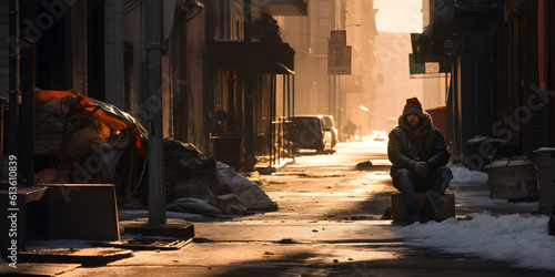 A homeless person sitting alone on a cold, desolate street, surrounded by shadows and discarded objects. photo