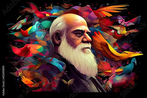 Tela Colorful Illustration of Charles Darwin, Natural selection and evolution scienti