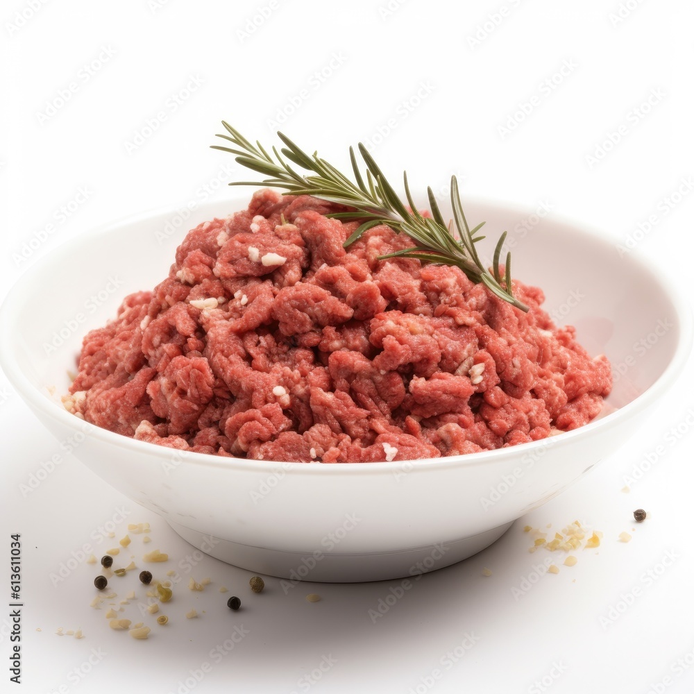 Ground bison meat isolated on white background. Generative AI Ground bison meat isolated on white background. Generative AI