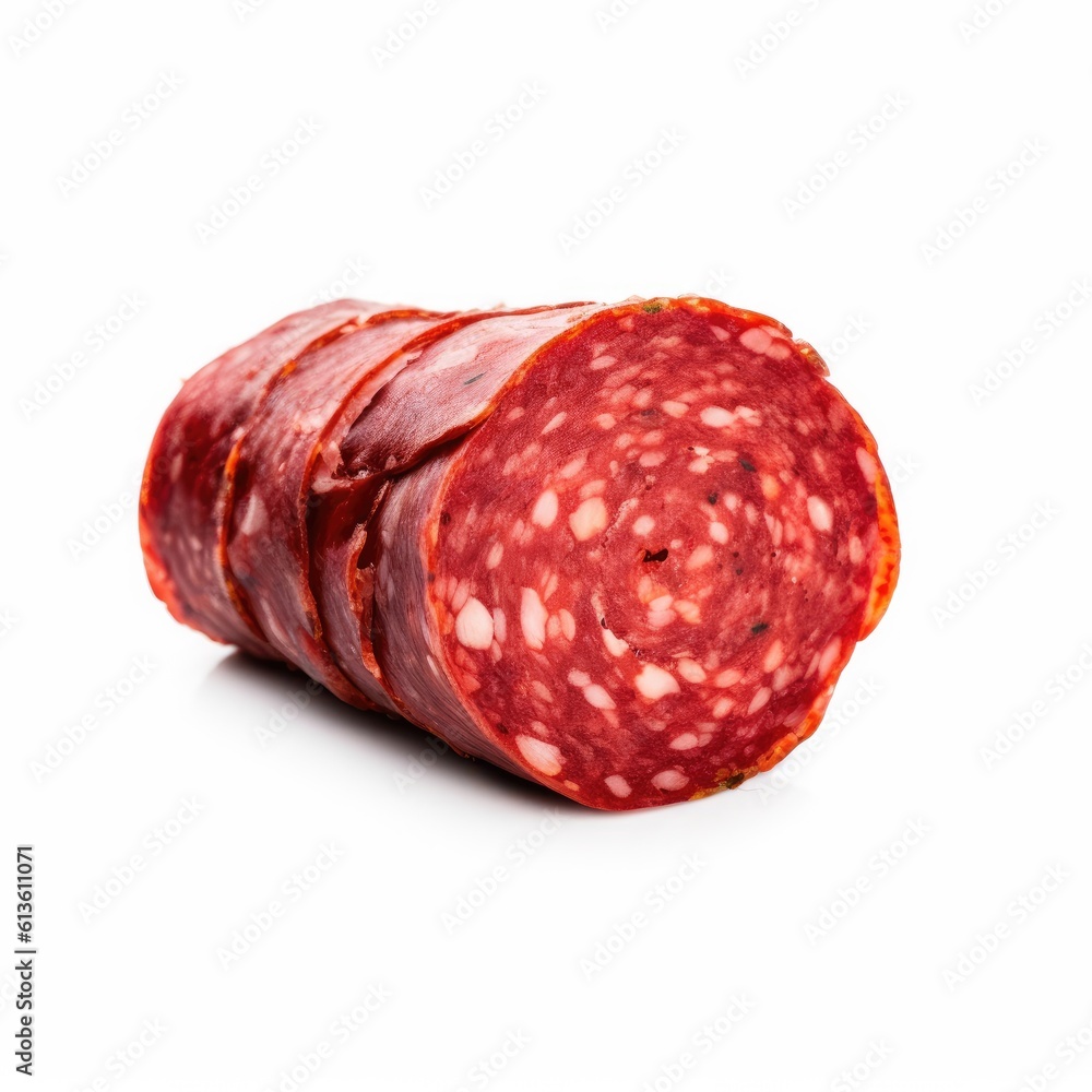 Pepperoni meat isolated on white background. Generative AI Pepperoni meat isolated on white background. Generative AI