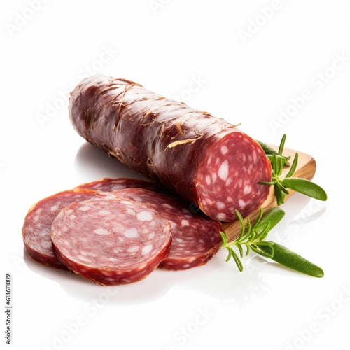 Salami meat isolated on white background. Generative AI