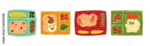 Meal Tray for Kids with Fresh Appetizing Food in Different Section Above View Vector Set