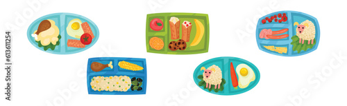 Meal Tray for Kids with Fresh Appetizing Food in Different Section Above View Vector Set