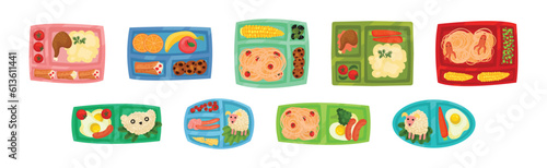 Meal Tray for Kids with Fresh Appetizing Food in Different Section Above View Vector Set