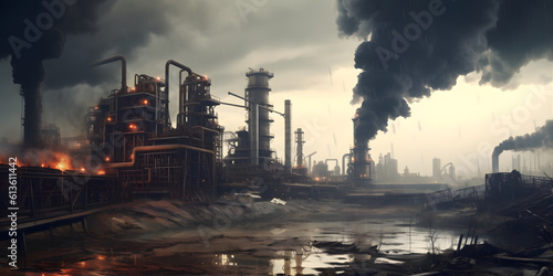Environmental pollution, A factory emitting dark smoke into the sky, A polluted cityscape with smog and haze, An oppressive and gloomy atmosphere
