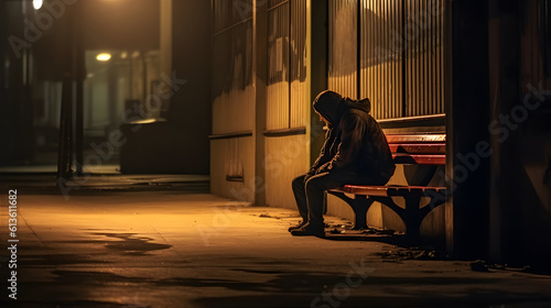 A homeless person sitting alone on a cold, desolate street, surrounded by shadows and discarded objects.