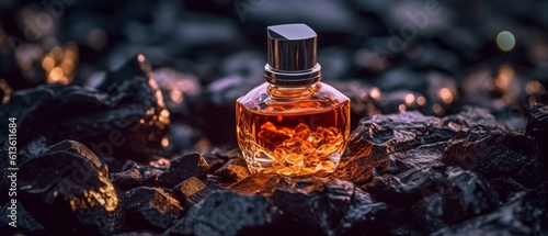 Glass bottle of orange perfume on black stone surface. Generative AI