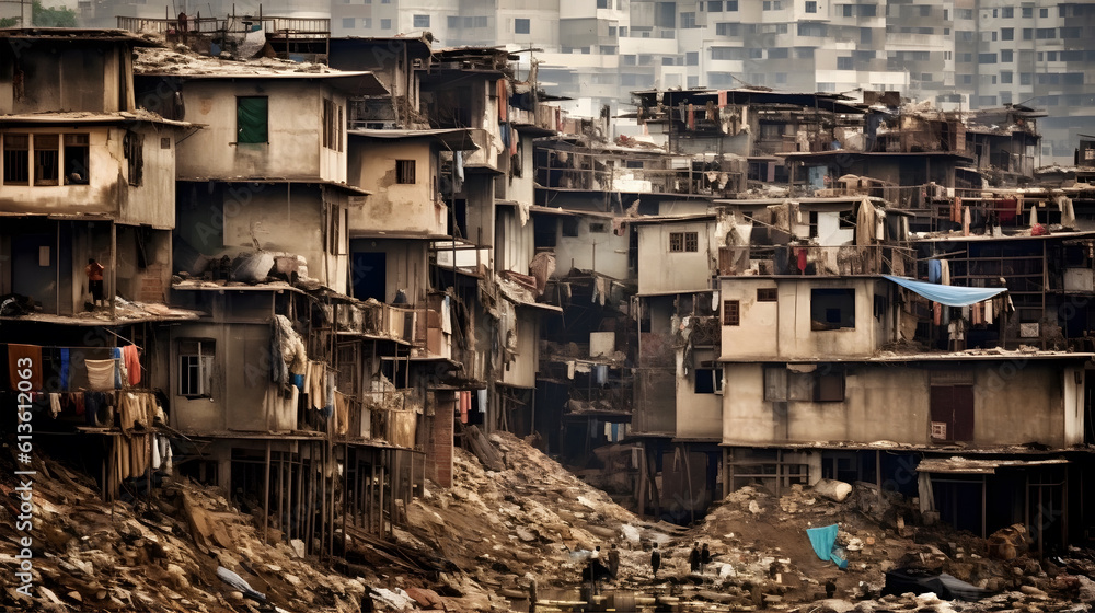 Income inequality, A stark contrast between luxurious mansions and dilapidated shanty houses, A crowded urban slum, A sense of disparity and unfairness Income inequality, A stark contrast between luxurious mansions and dilapidated shanty houses, A crowded urban slum, A sense of disparity and unfairness