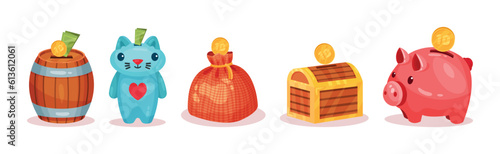 Different Money Boxes for Saving Cash and Coins Vector Set