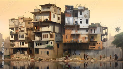 Income inequality, A stark contrast between luxurious mansions and dilapidated shanty houses, A crowded urban slum, A sense of disparity and unfairness