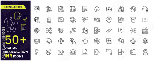 Digital Transaction INR, Online banking line icons set: deposit app, money safety, internet bank, contactless payment, credit card, online transaction, mobile support, Editable stroke, INR currency.